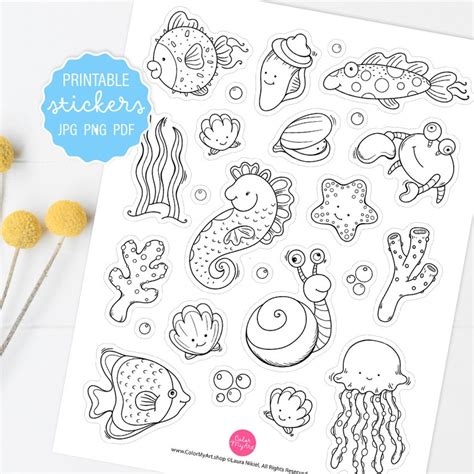 Cute Sea Animals Coloring Printable Stickers Cute Sea Etsy