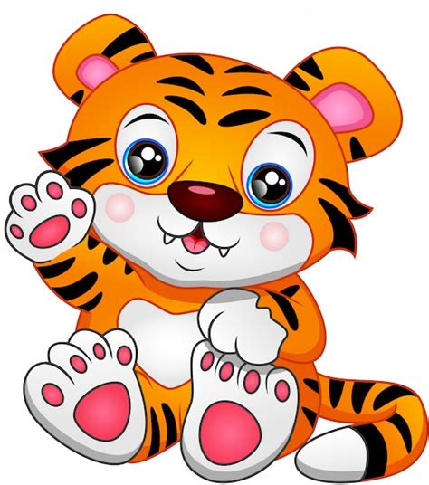 Cute Baby Tiger Cartoon Waving Premium Vector