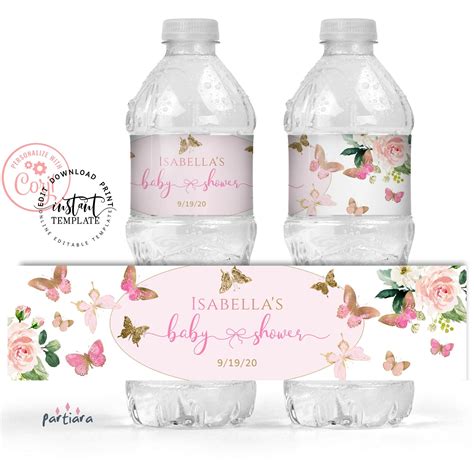 Editable Pink Butterfly Water Bottle Labels Girl Baby Shower Etsy