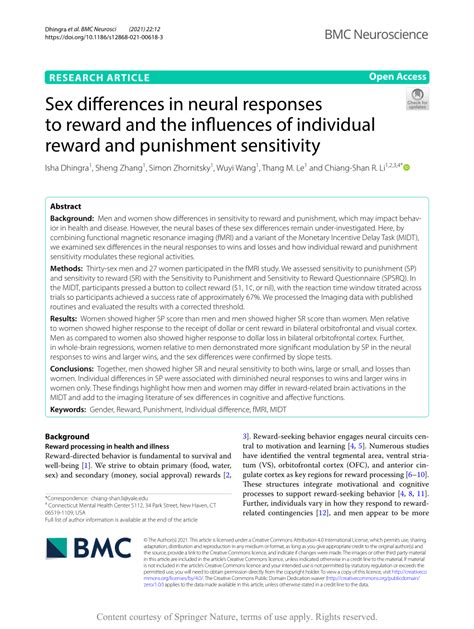 Pdf Sex Differences In Neural Responses To Reward And The Influences Of Individual Reward And