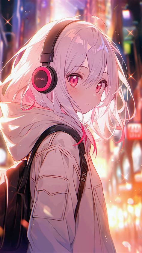 Download Wallpaper 1080x1920 Girl Headphones Anime Pink Art Samsung