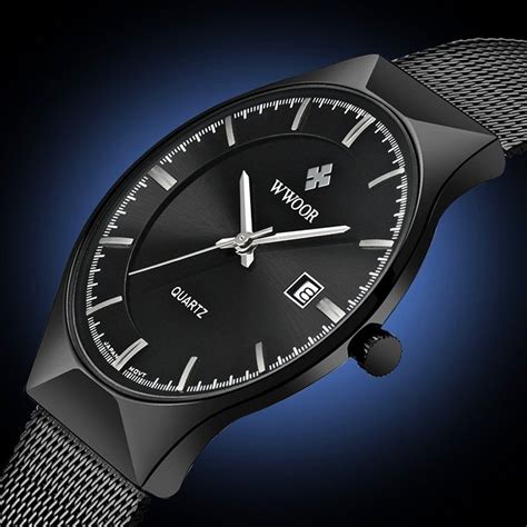 Wwoor Classy Watch Men Date Quartz Watch Stainless Steel Mesh Strap Ultra Thin Dial Clock