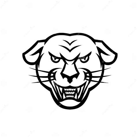 Angry Black Panther Head Baring Fangs Mascot Black And White Stock
