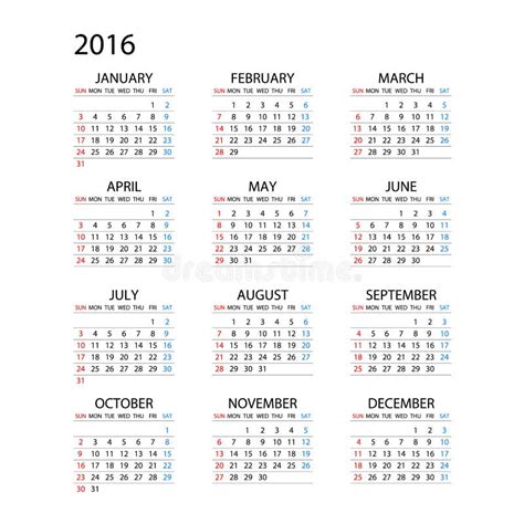Calendar For 2016 On White Background Week Starts Monday Stock Vector