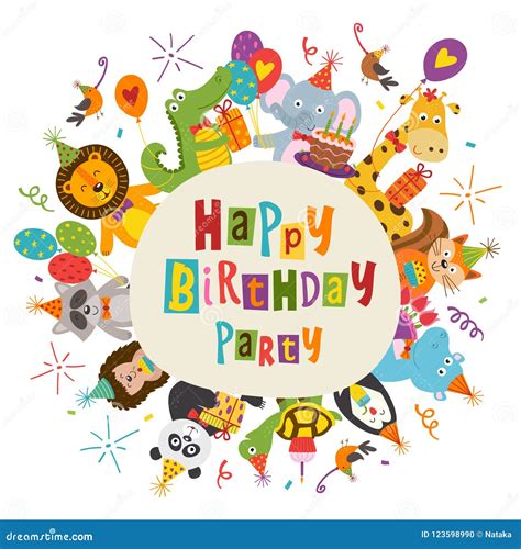 Frame Happy Birthday With Funny Animals Stock Vector Illustration Of