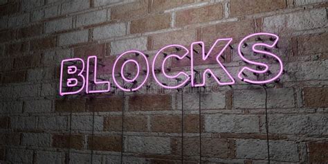 Blocks Glowing Neon Sign On Stonework Wall 3d Rendered Royalty Free