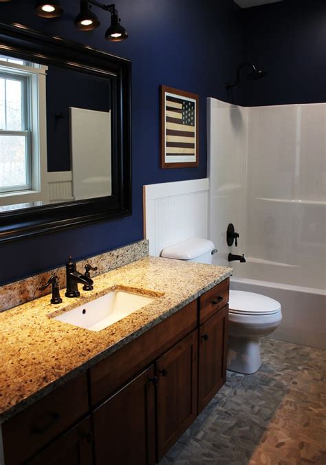 United States Craftsman Style Bathroom Ideas With Navy Blue Wall Color Faucet Bronze