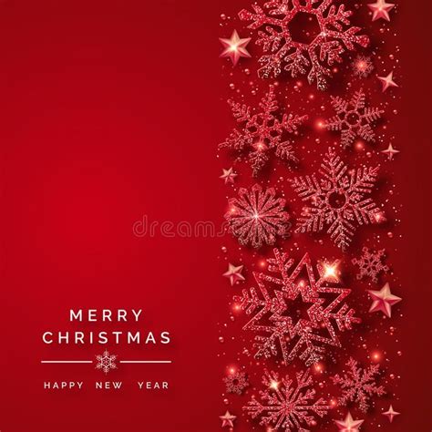 Christmas Background With Shining Red Snowflakes And Snow Merry