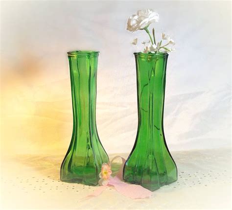 Vintage Green Glass Vase Set Pair Of Wide Bottom Tall Emerald Glass Vases Vintage Green