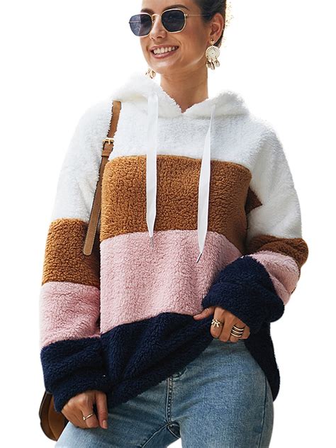 Ukap Winter Fuzzy Fleece Hooded Sweatshirt For Women Casual Oversized Colorblock Sherpa