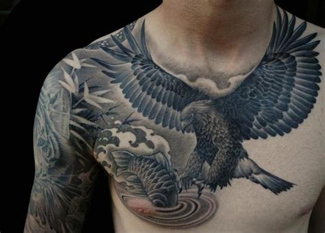 Shoulder Realistic Chest Eagle Fish Tattoo By Nicklas Westin