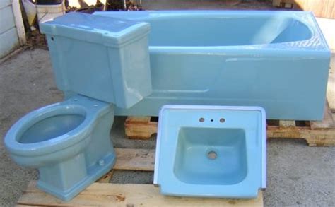 In addition, the wall, toilet, and floors are just presented nicely which obviously make everyone who visits this bathroom admires them. Mid century blue bathroom sink, toilet and tub - real ...