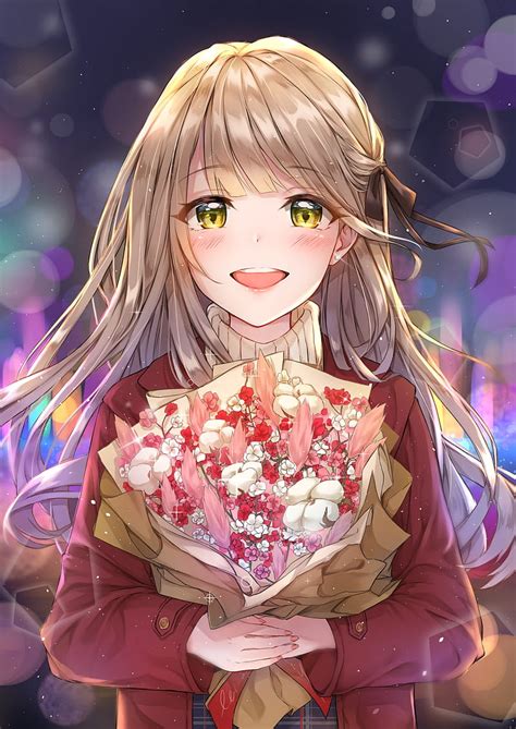 1080p Free Download Anime Girl Big Smile Flower Bouquet Blonde