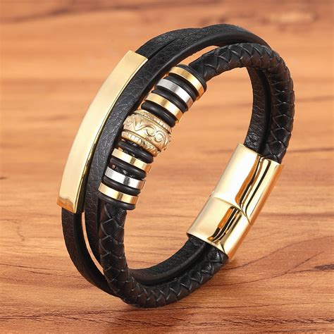 Mens Multi Layer Leather Stainless Steel Metal Luxury Leather Bracelet