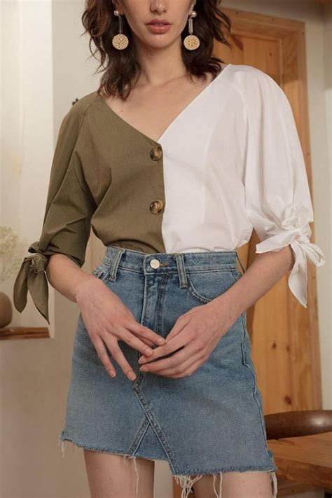 V Neck Single Breasted Color Block Patchwork Blouses Make Skinny Jeans Blouses For Women