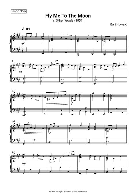 Bart Howard Fly Me To The Moon Sheet Music For Piano Download Piano