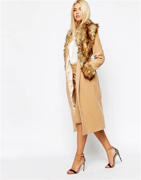 Lyst Missguided Coat With Faux Fur Collar And Cuffs In Brown