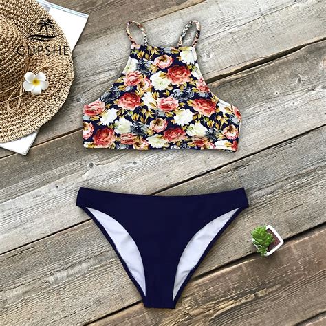 CUPSHE Floral And Navy Braided Strap Tank Bikini Sets Women High Neck