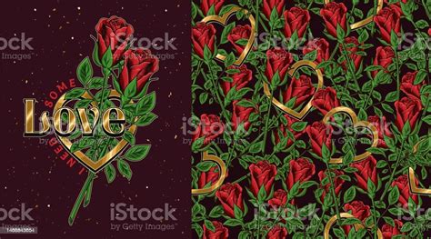 Set Of Pattern Label With Red Roses Heart Stock Illustration Download