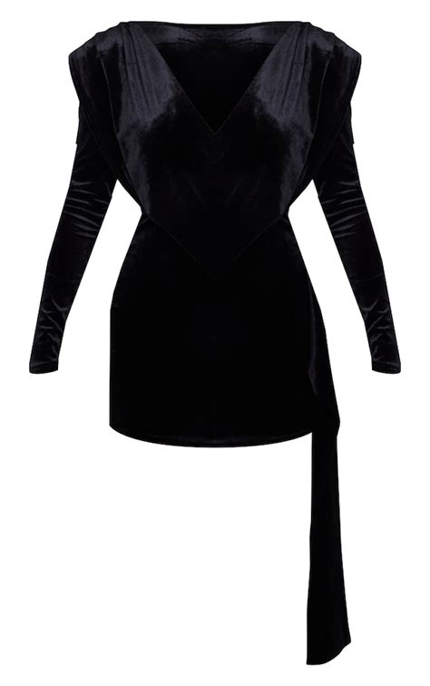 Black Velvet Wrap Detail Long Sleeve Bodycon Dress Prettylittlething