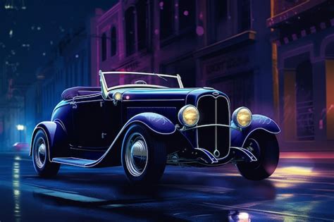 Premium AI Image | A vintage car on a street in the night.