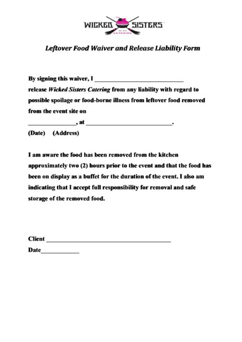 leftover food waiver  release liability form printable