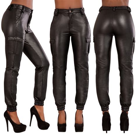 womens black pu leather look trousers ladies cargo stretch pants size 6 14 ebay