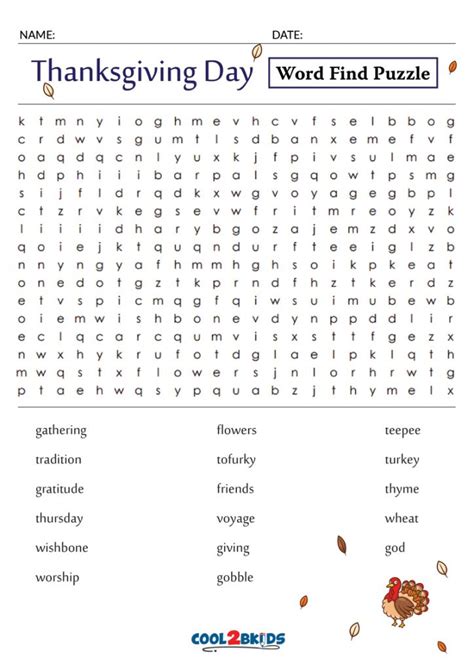 Printable Thanksgiving Word Search Cool2bkids