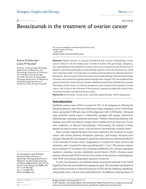 Pdf Bevacizumab In The Treatment Of Ovarian Cancer