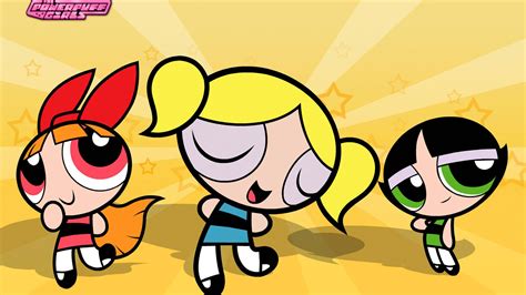 The Powerpuff Girls Blossom Bubbles And Buttercup In Yellow Background