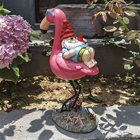 Gnome Garden Statue Funny Gnome Reclining On Flamingo Figurines Resin