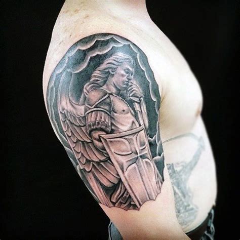The word angel comes from the greek word aggelo, which means to pass along something new or to announce something.the word aggelos stands for the god acolytes. Mens Arms Warrior Angel With Shield Tattoo | tatoo ...