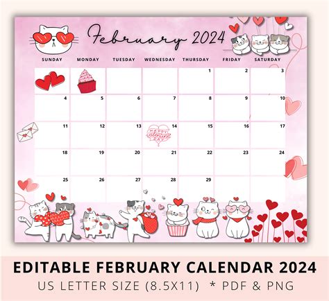 Editable February Calendar Cat Lover Valentine Academic Planner Homeschool