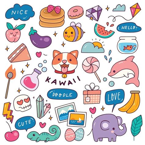 Premium Vector Set Of Kawaii Icon In Doodle Style Illustration