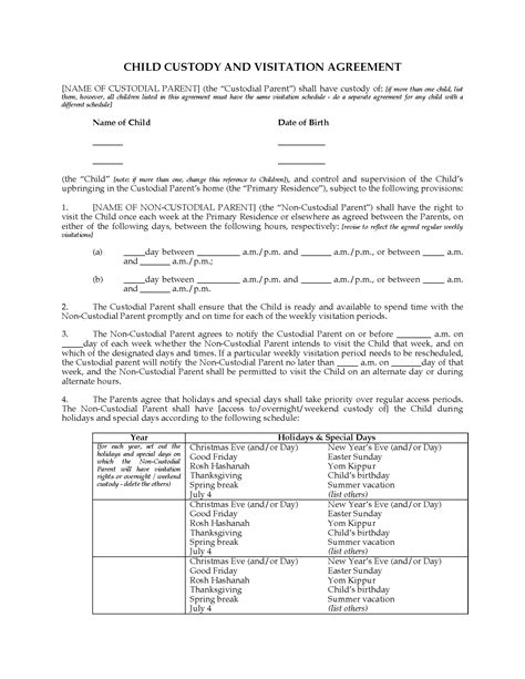 Usa Child Custody And Visitation Agreement Between Parents Legal