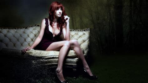 Woman Outdoors Couch Susan Coffey Redheads Cleavage No Bra High