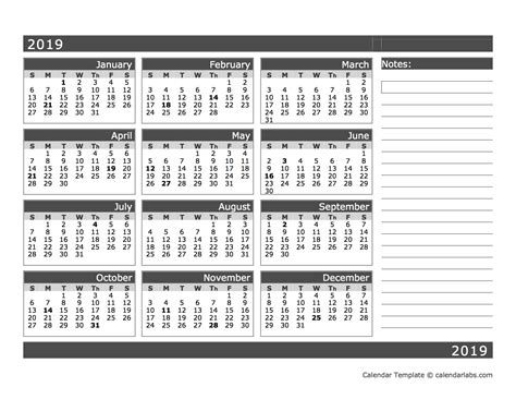 2019 Blank 12 Month Calendar In One Page Free Printable