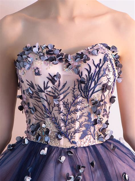 Tulle Prom Dress Embroidered 3d Flower Cocktail Dress Plum Strapless