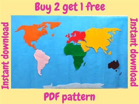 Felt World Map Pdf Pattern Pattern For Continents Of The Etsy Australia