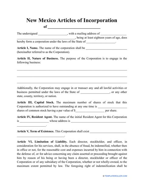 New Mexico Articles Of Incorporation Template Fill Out Sign Online