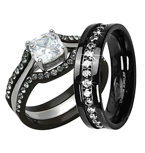 His Hers 4 Pc Black Stainless Steel Titanium Wedding Engagement Ring
