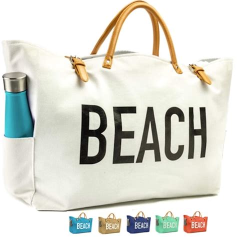 Keho Large Canvas Beach Bag Travel Tote White Waterproof Lining 3