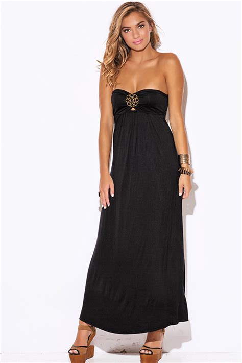 Shop Black Medallion Bejeweled Strapless Evening Party Maxi Dress