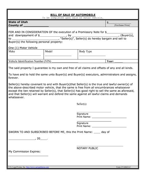 Utah Motor Vehicle Bill Of Sale Form Fill Out And Sign Printable Pdf
