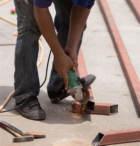 Labor Man Using A Plumb Bob For Check Pillar Stock Image Image Of