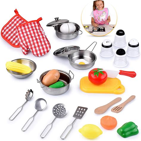 Kids Kitchen Toy Set Educational Play With Stainless Steel Cookware