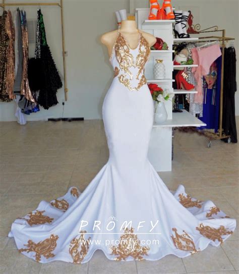 Uniquely Gold Sequin Appliqued White Spandex Mermaid Floor Length Prom Dress