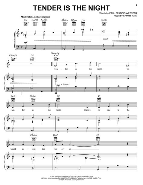 Tender Is The Night Sheet Music Tony Bennett Piano Vocal And Guitar Chords Right Hand Melody