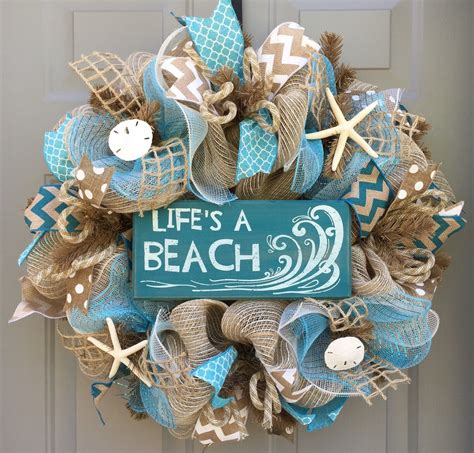 Lifes A Beach Burlap Deco Mesh Wreath With Seashells Etsy Wreaths