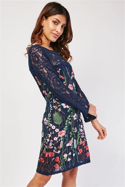 Botanical Flower Embroidered Lace Dress Just